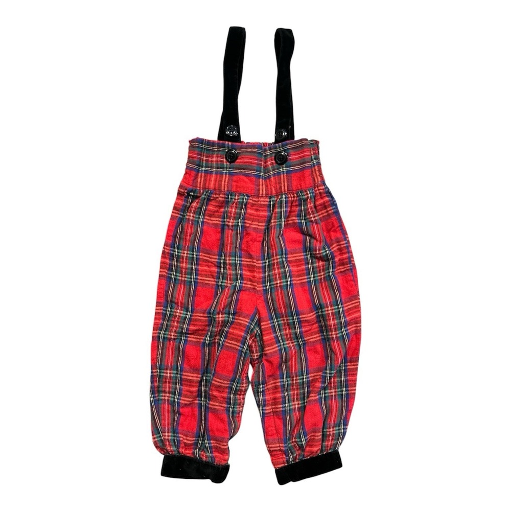 Vintage & RARE toddler Hanna Andersson Holiday Tartan Plaid Overalls Size 80 USA